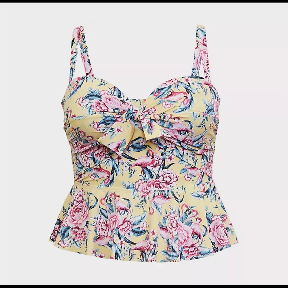 torrid Yellow Floral Tie-Front Swim Top with Pink & Blue Accents